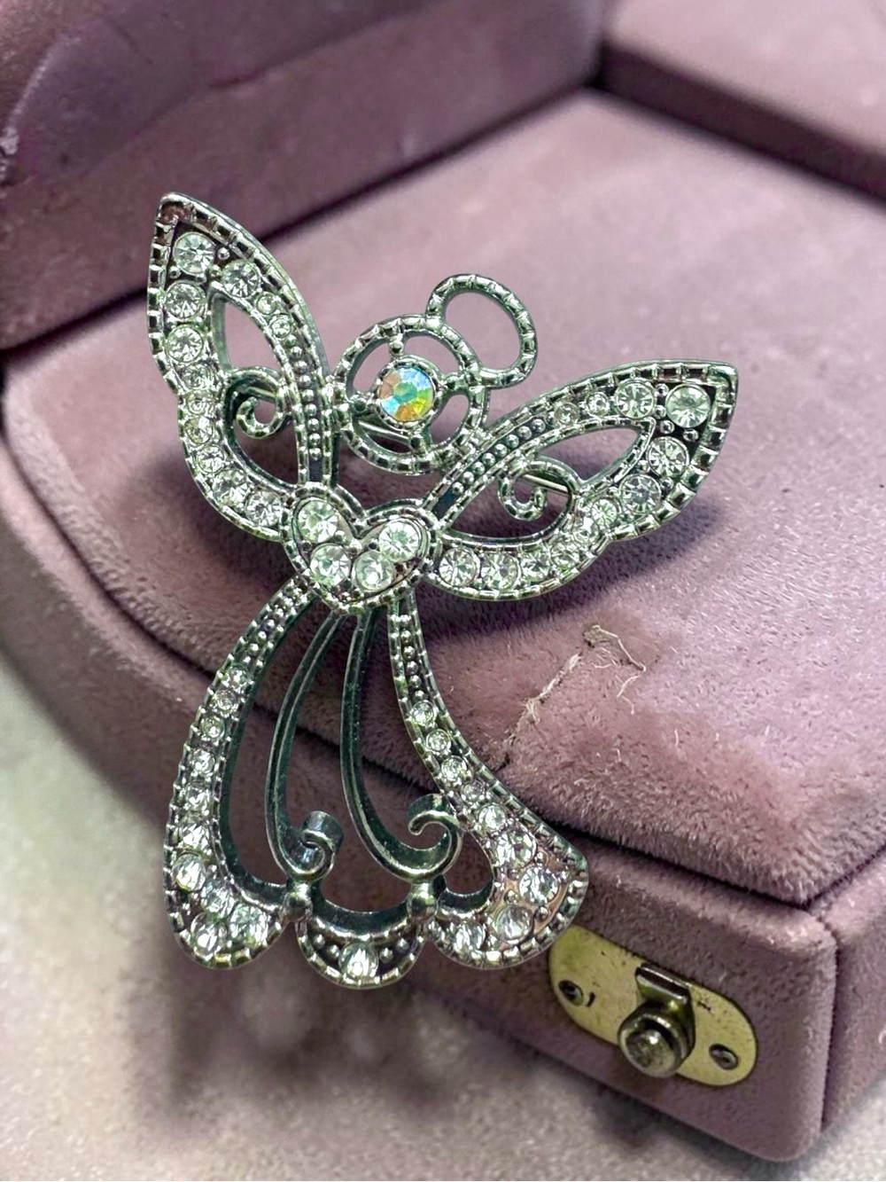 Large Vintage Silver Crystal Angel Brooch - Sparkling Clear Rhinestone